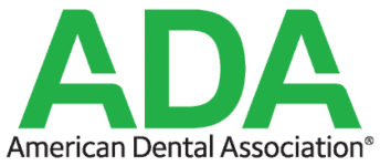 Green text logo on black background reads "ADA" with small text below saying "American Dental Association." Simple, clean design for professional organization.