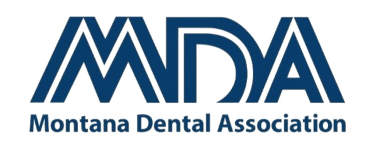 Blue logo of the Montana Dental Association on a black background, featuring stylized letters "MDA" above the association's full name.